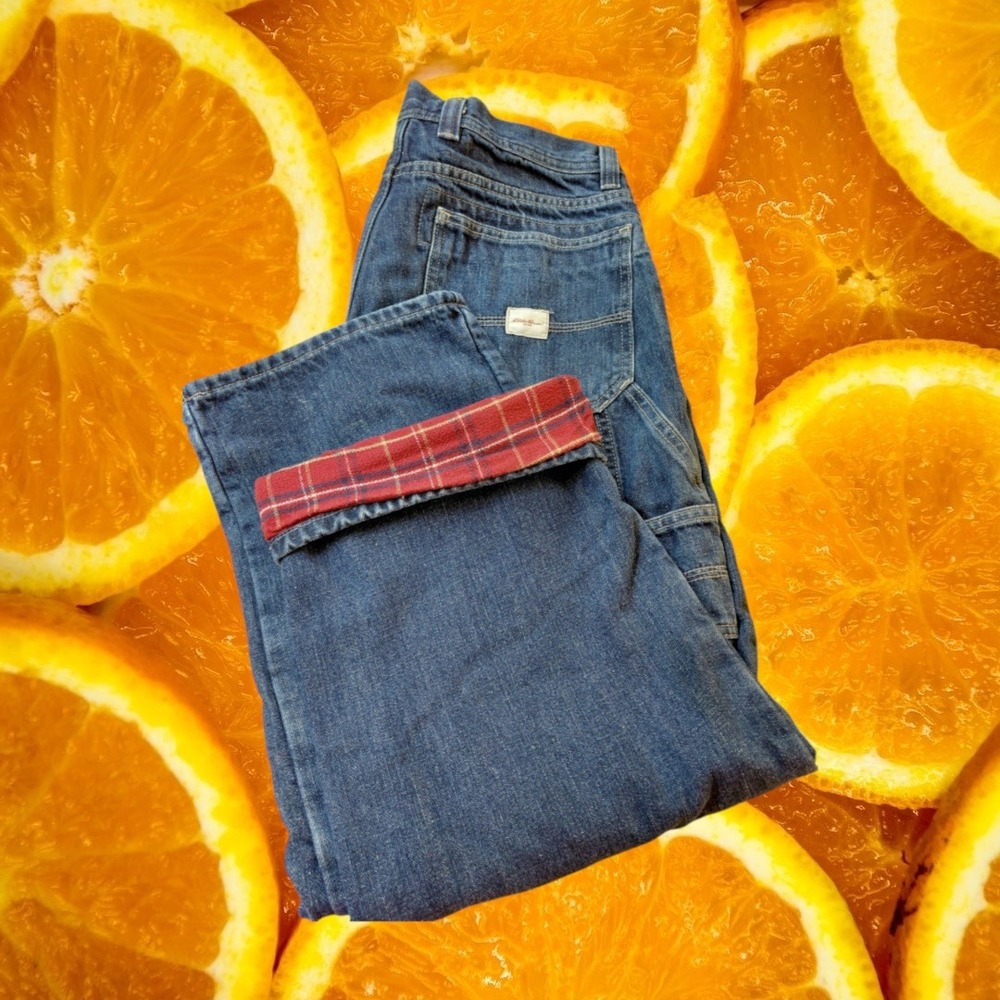 Eddie Bauer Mens Flannel Lined Jeans Blue Denim Red Plaid W32 L28 Straight Leg